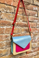 Genuine leather small cross body bag. Enveloppe bag, adjustable strap + flap. Boho multicolor purse: light blue, aqua green, fuchsia, yellow