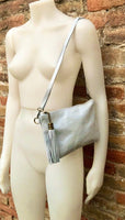 Small leather bag in metallic light silver. Genuine leather cross body / shoulder bag. Silve leather bag with adjustable strap. Silver purse