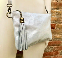 Small leather bag in metallic light silver. Genuine leather cross body / shoulder bag. Silve leather bag with adjustable strap. Silver purse