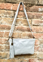 Small leather bag in metallic light silver. Genuine leather cross body / shoulder bag. Silve leather bag with adjustable strap. Silver purse