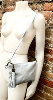 Small leather bag in metallic light silver. Genuine leather cross body / shoulder bag. Silve leather bag with adjustable strap. Silver purse