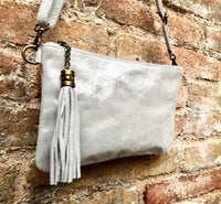 Small leather bag in metallic light silver. Genuine leather cross body / shoulder bag. Silve leather bag with adjustable strap. Silver purse