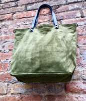 Large TOTE leather bag in moss green. Soft natural suede genuine leather bag. Lined GREEN suede purse. Shoulder + crossbody longer strap.