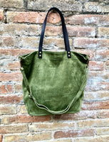 Large TOTE leather bag in moss green. Soft natural suede genuine leather bag. Lined GREEN suede purse. Shoulder + crossbody longer strap.