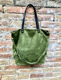 Large TOTE leather bag in moss green. Soft natural suede genuine leather bag. Lined GREEN suede purse. Shoulder + crossbody longer strap.