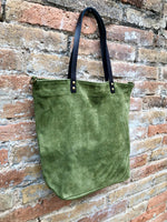 Large TOTE leather bag in moss green. Soft natural suede genuine leather bag. Lined GREEN suede purse. Shoulder + crossbody longer strap.