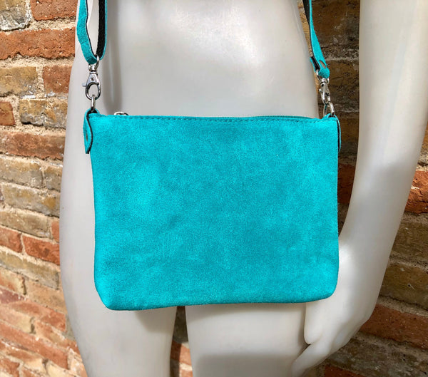 Small turquoise BLUE suede leather bag. Crossbody or shoulder bag in  GENUINE leather. Adjustable strap + zipper. Turquoise suede purse