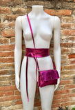 Metallic shine hot pink genuine leather bag + obi belt. Small shoulder / crossbody bag + belt set. Pink party purse + wraparound belt