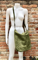 Large TOTE leather bag in moss green. Soft natural suede genuine leather bag. Lined GREEN suede purse. Shoulder + crossbody longer strap.