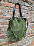 Large TOTE leather bag in moss green. Soft natural suede genuine leather bag. Lined GREEN suede purse. Shoulder + crossbody longer strap.