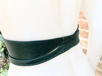 Dark green waist belt. Genuine leather obi belt, wraparound green belt. Boho dress belt.