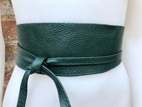 Dark green waist belt. Genuine leather obi belt, wraparound green belt. Boho dress belt.