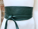 Dark green waist belt. Genuine leather obi belt, wraparound green belt. Boho dress belt.