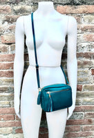 Dark teal blue small leather bag. GENUINE leather shoulder / cross body bag. Dark blue leather purse with tassels, adjustable strap + zipper