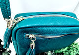 Dark teal blue small leather bag. GENUINE leather shoulder / cross body bag. Dark blue leather purse with tassels, adjustable strap + zipper