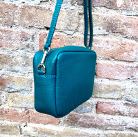 Dark teal blue small leather bag. GENUINE leather shoulder / cross body bag. Dark blue leather purse with tassels, adjustable strap + zipper