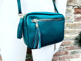 Dark teal blue small leather bag. GENUINE leather shoulder / cross body bag. Dark blue leather purse with tassels, adjustable strap + zipper