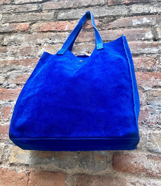 Tote suede leather bag in royal blue .Soft natural genuine leather sho –  Handmade suede bags by Good Times Barcelona