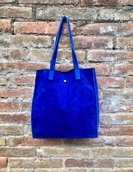 Tote suede leather bag in royal blue .Soft natural genuine leather sho –  Handmade suede bags by Good Times Barcelona
