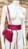 Metallic shine hot pink genuine leather bag + obi belt. Small shoulder / crossbody bag + belt set. Pink party purse + wraparound belt