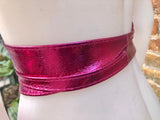 Metallic shine hot pink genuine leather bag + obi belt. Small shoulder / crossbody bag + belt set. Pink party purse + wraparound belt