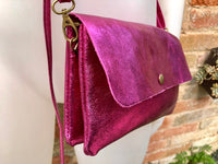 Metallic shine hot pink genuine leather bag + obi belt. Small shoulder / crossbody bag + belt set. Pink party purse + wraparound belt