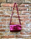 Metallic shine hot pink genuine leather bag + obi belt. Small shoulder / crossbody bag + belt set. Pink party purse + wraparound belt