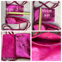 Metallic shine hot pink genuine leather bag + obi belt. Small shoulder / crossbody bag + belt set. Pink party purse + wraparound belt