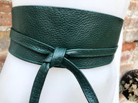 Dark green waist belt. Genuine leather obi belt, wraparound green belt. Boho dress belt.