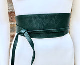 Dark green waist belt. Genuine leather obi belt, wraparound green belt. Boho dress belt.