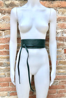 Dark green waist belt. Genuine leather obi belt, wraparound green belt. Boho dress belt.