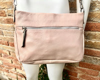 Light pink leather bag. Soft genuine leather messenger bag with tassel. Soft pink crossbody bag. Pink leather purse with zippers