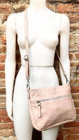 Light pink leather bag. Soft genuine leather messenger bag with tassel. Soft pink crossbody bag. Pink leather purse with zippers