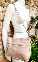 Light pink leather bag. Soft genuine leather messenger bag with tassel. Soft pink crossbody bag. Pink leather purse with zippers