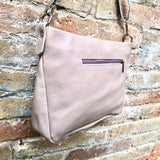 Light pink leather bag. Soft genuine leather messenger bag with tassel. Soft pink crossbody bag. Pink leather purse with zippers