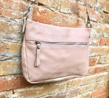 Light pink leather bag. Soft genuine leather messenger bag with tassel. Soft pink crossbody bag. Pink leather purse with zippers