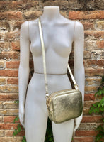 Small party bag in metallic shine leather. Black, golden pink + beige cross body or shoulder bag in GENUINE leather Glitter 70s disco style