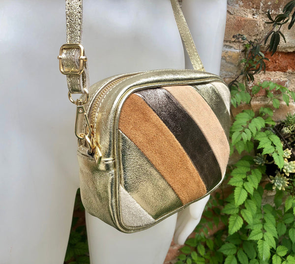 Small party bag in metallic shine leather. Black, golden pink + beige cross  body or shoulder bag in GENUINE leather Glitter 70s disco style