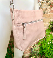 Light pink leather bag. Soft genuine leather messenger bag with tassel. Soft pink crossbody bag. Pink leather purse with zippers