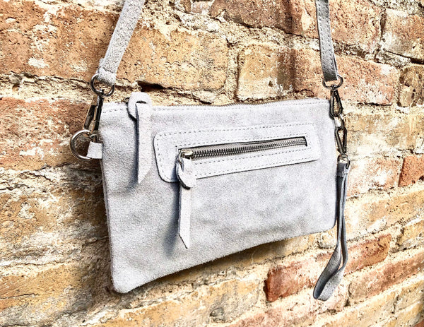 Suede leather bag in light gray. Genuine leather cross body