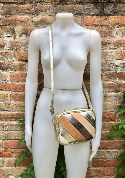 Small party bag in metallic shine leather. Black, golden pink + beige cross  body or shoulder bag in GENUINE leather Glitter 70s disco style