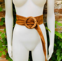 Camel brown suede waist belt with large round buckle. Soft suede belt in light rusty brown. Boho suede belt. Genuine natural suede leather.