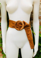 Camel brown suede waist belt with large round buckle. Soft suede belt in light rusty brown. Boho suede belt. Genuine natural suede leather.