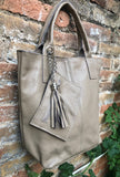 BEIGE tote leather shopper in GENUINE leather. Large carry all tote bag for your laptop, books. Leather shopper w/ lining + zipper