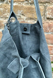 Denim blue leather shopper bag in genuine suede. Slouchy blue gray carry all tote bag for laptops,tablets, books. Grey - blue suede purse