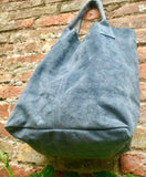 Denim blue leather shopper bag in genuine suede. Slouchy blue gray carry all tote bag for laptops,tablets, books. Grey - blue suede purse