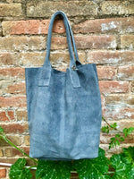 Denim blue leather shopper bag in genuine suede. Slouchy blue gray carry all tote bag for laptops,tablets, books. Grey - blue suede purse