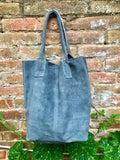 Denim blue leather shopper bag in genuine suede. Slouchy blue gray carry all tote bag for laptops,tablets, books. Grey - blue suede purse