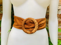 Camel brown suede waist belt with large round buckle. Soft suede belt in light rusty brown. Boho suede belt. Genuine natural suede leather.