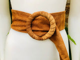 Camel brown suede waist belt with large round buckle. Soft suede belt in light rusty brown. Boho suede belt. Genuine natural suede leather.